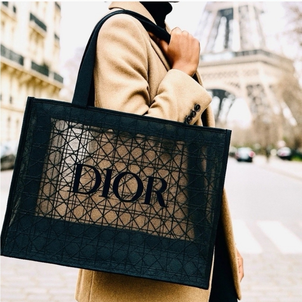 DIOR Black Lace Mesh Cannage Pattern Tote Bag